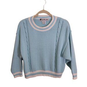 Chaus Vintage Collegiate Preppy Blue White CableKnit Crewneck Sweater Size M
